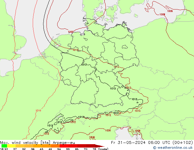 Max. wind velocity Arpege-eu 星期五 31.05.2024 06 UTC