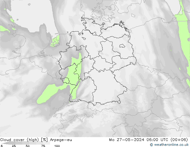 Cloud cover (high) Arpege-eu Mo 27.05.2024 06 UTC