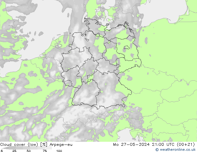 Cloud cover (low) Arpege-eu Mo 27.05.2024 21 UTC