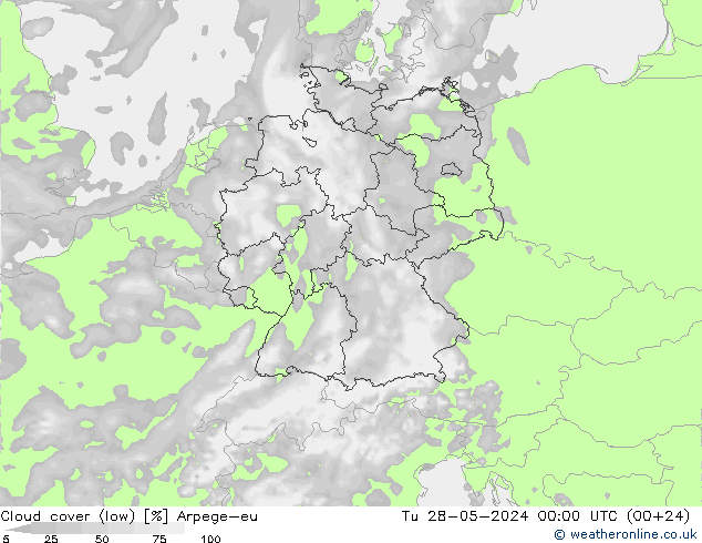 Cloud cover (low) Arpege-eu Tu 28.05.2024 00 UTC