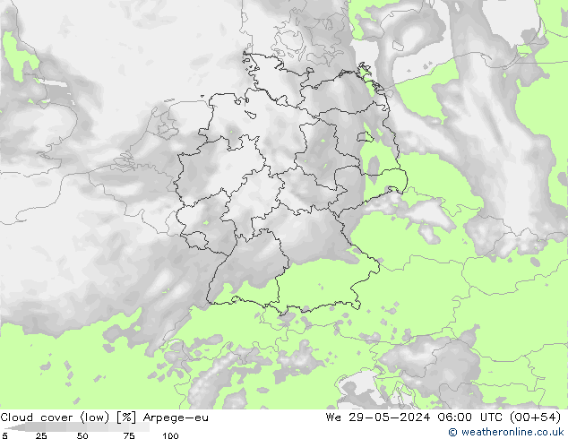 Cloud cover (low) Arpege-eu We 29.05.2024 06 UTC