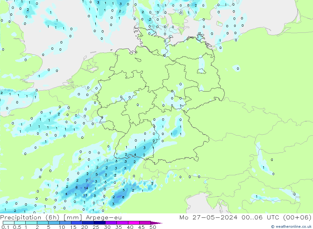 Précipitation (6h) Arpege-eu lun 27.05.2024 06 UTC