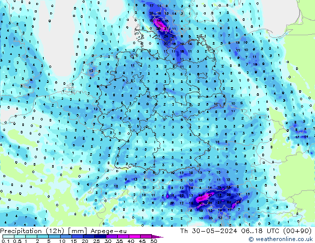 Precipitación (12h) Arpege-eu jue 30.05.2024 18 UTC