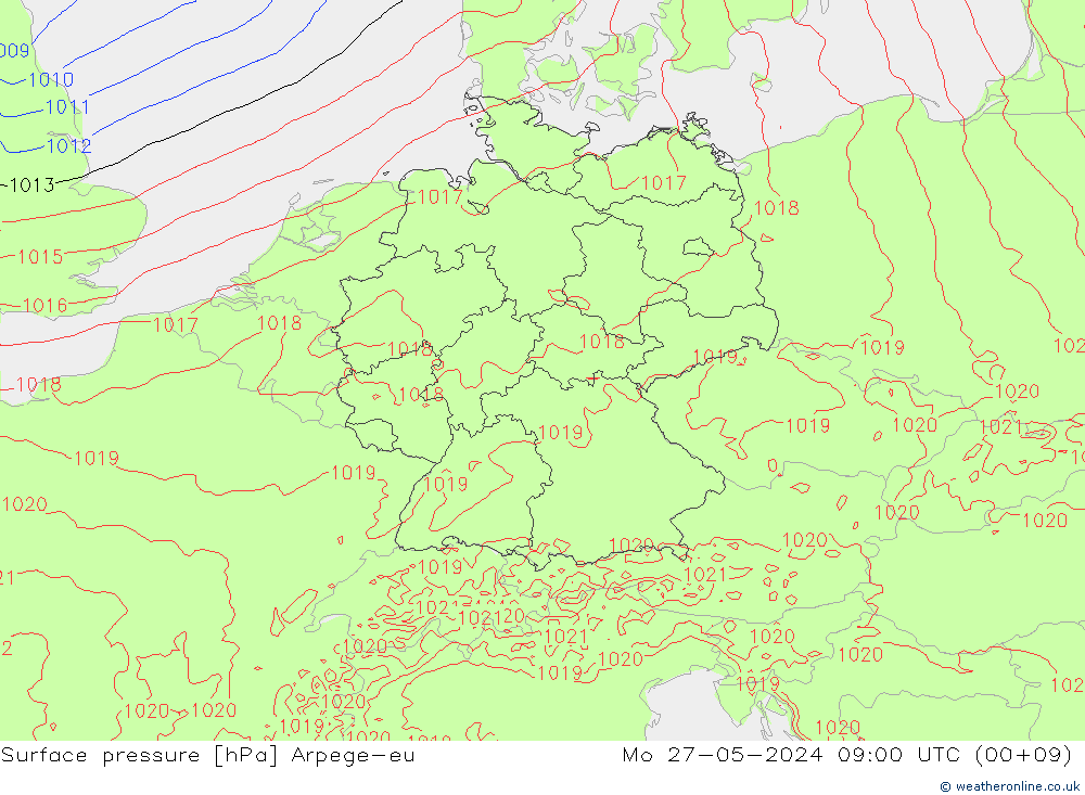 Surface pressure Arpege-eu Mo 27.05.2024 09 UTC