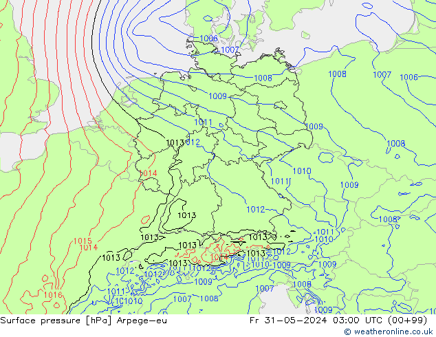 Pressione al suolo Arpege-eu ven 31.05.2024 03 UTC