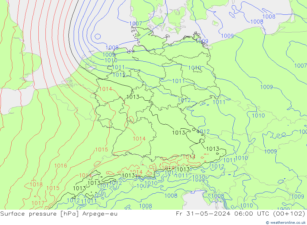 Atmosférický tlak Arpege-eu Pá 31.05.2024 06 UTC