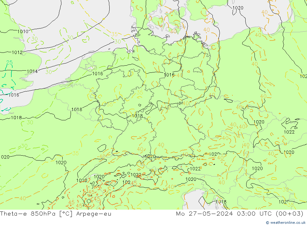 Theta-e 850hPa Arpege-eu Mo 27.05.2024 03 UTC