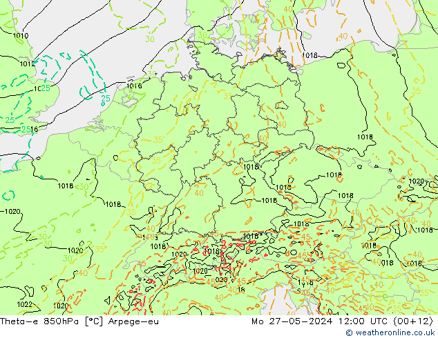 Theta-e 850hPa Arpege-eu Mo 27.05.2024 12 UTC