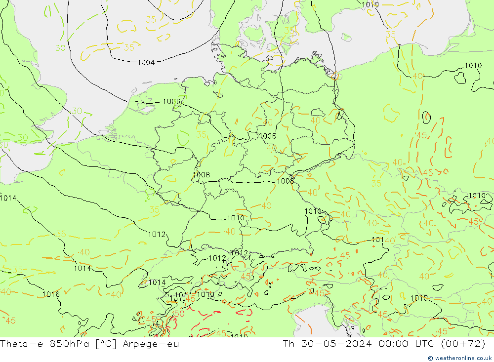 Theta-e 850hPa Arpege-eu jue 30.05.2024 00 UTC