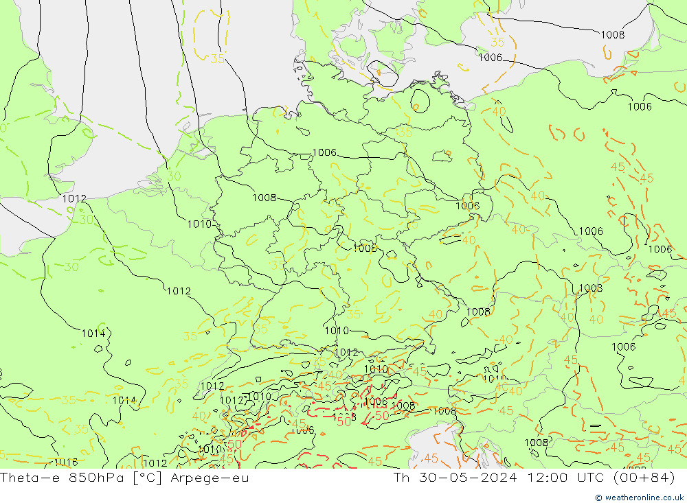 Theta-e 850hPa Arpege-eu Do 30.05.2024 12 UTC
