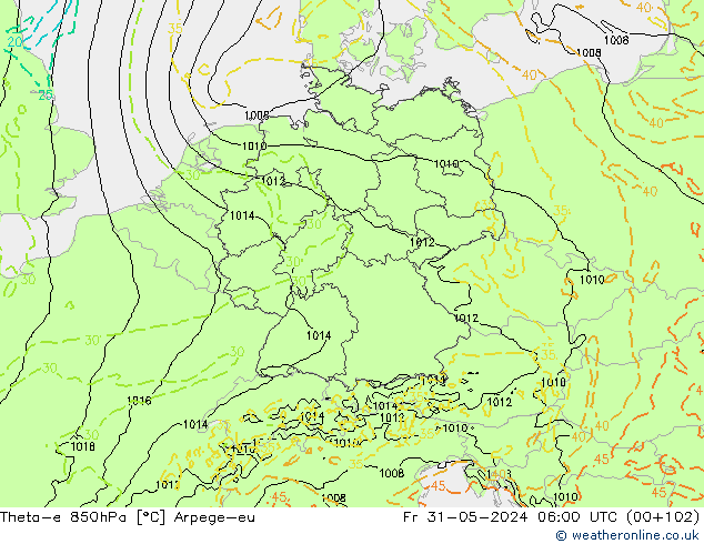 Theta-e 850hPa Arpege-eu ven 31.05.2024 06 UTC