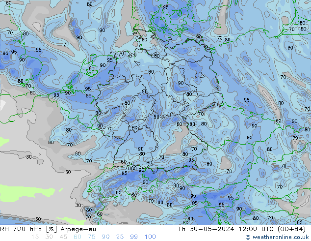 RH 700 hPa Arpege-eu czw. 30.05.2024 12 UTC