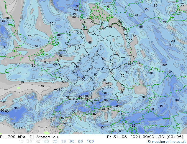 RH 700 гПа Arpege-eu пт 31.05.2024 00 UTC