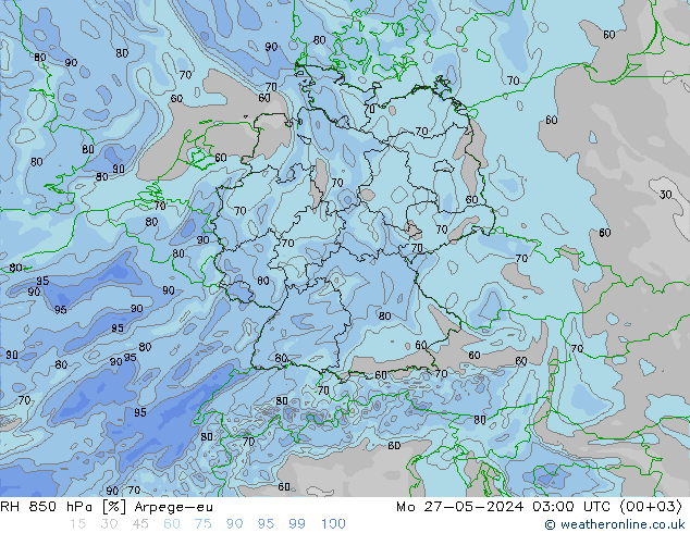 RH 850 hPa Arpege-eu pon. 27.05.2024 03 UTC