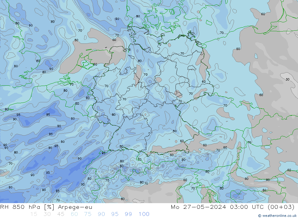 RH 850 hPa Arpege-eu Po 27.05.2024 03 UTC