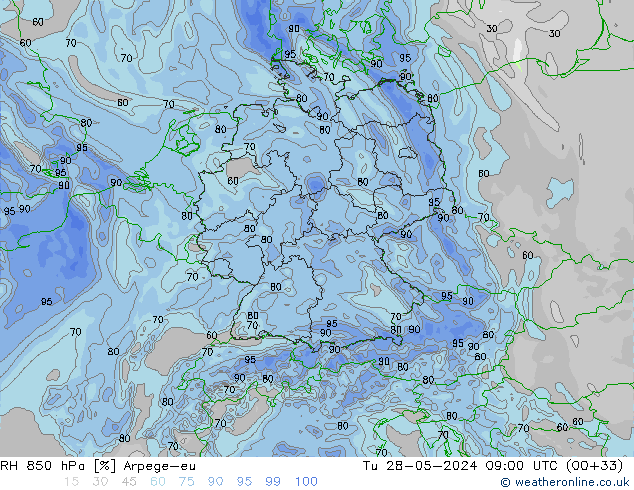 RH 850 hPa Arpege-eu Tu 28.05.2024 09 UTC