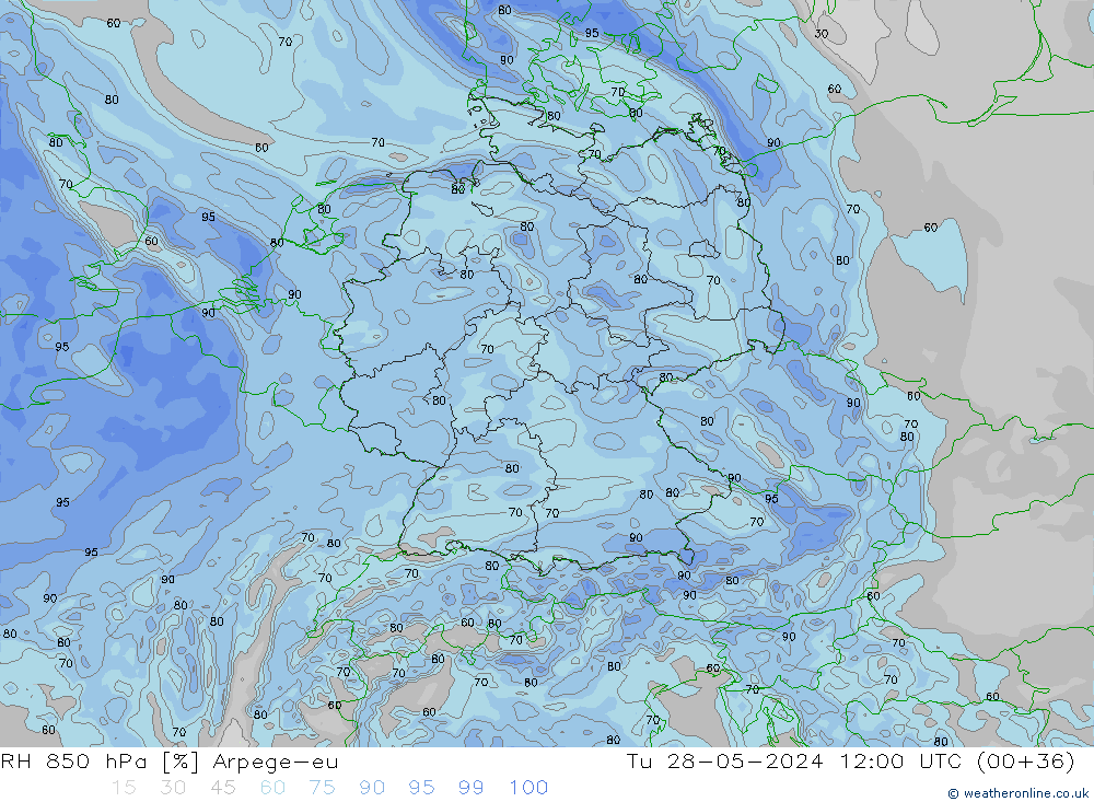 RH 850 гПа Arpege-eu вт 28.05.2024 12 UTC