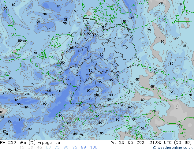 RH 850 hPa Arpege-eu śro. 29.05.2024 21 UTC