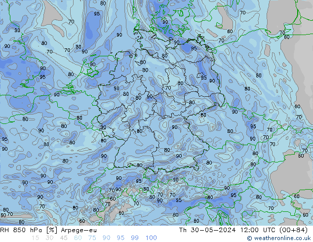 Humedad rel. 850hPa Arpege-eu jue 30.05.2024 12 UTC