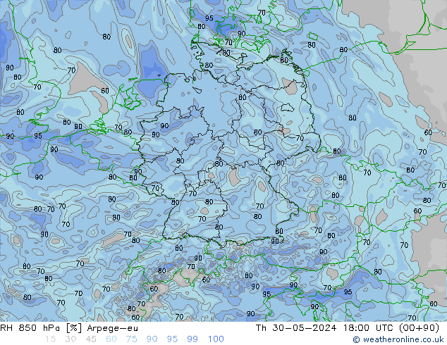 RH 850 hPa Arpege-eu czw. 30.05.2024 18 UTC