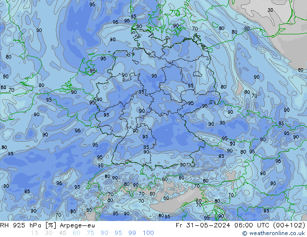Humidité rel. 925 hPa Arpege-eu ven 31.05.2024 06 UTC