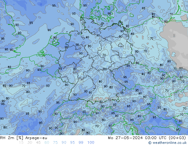 RH 2m Arpege-eu 星期一 27.05.2024 03 UTC