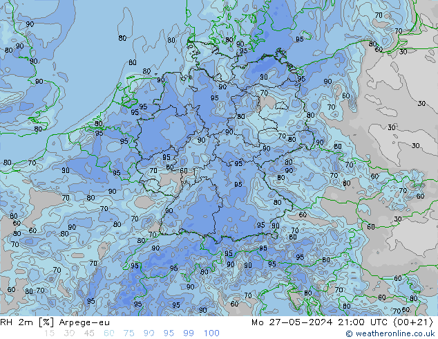 Humedad rel. 2m Arpege-eu lun 27.05.2024 21 UTC