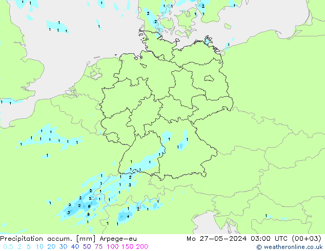 Precipitation accum. Arpege-eu Mo 27.05.2024 03 UTC