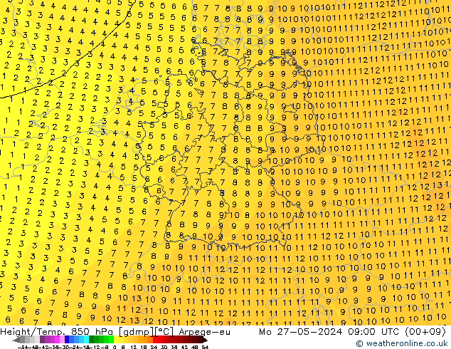 Yükseklik/Sıc. 850 hPa Arpege-eu Pzt 27.05.2024 09 UTC