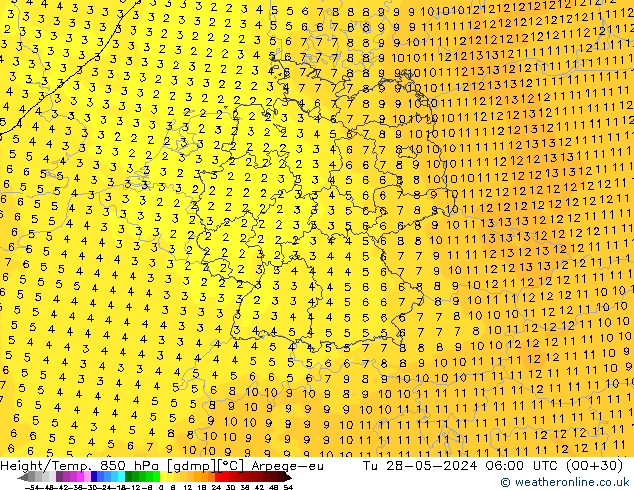 Hoogte/Temp. 850 hPa Arpege-eu di 28.05.2024 06 UTC