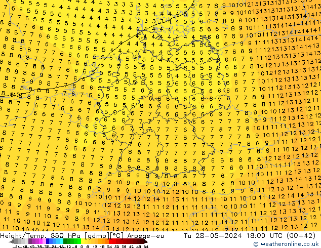 Height/Temp. 850 hPa Arpege-eu Tu 28.05.2024 18 UTC