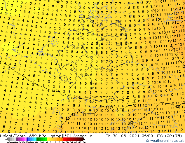 Hoogte/Temp. 850 hPa Arpege-eu do 30.05.2024 06 UTC