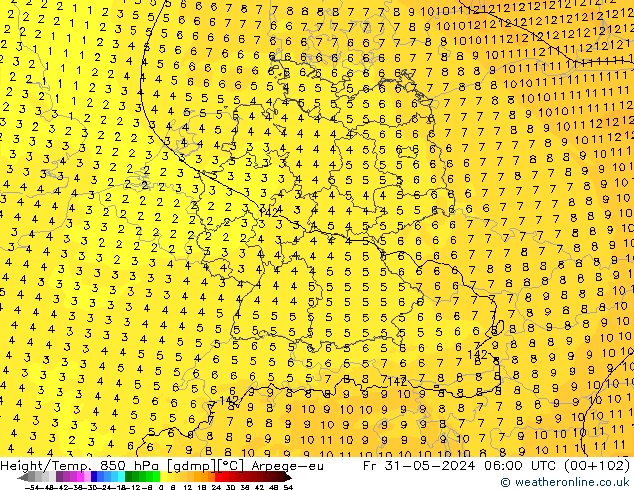 Height/Temp. 850 гПа Arpege-eu пт 31.05.2024 06 UTC