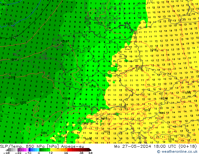 850 hPa Yer Bas./Sıc Arpege-eu Pzt 27.05.2024 18 UTC