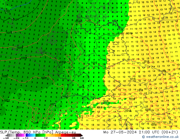 SLP/Temp. 850 hPa Arpege-eu Mo 27.05.2024 21 UTC