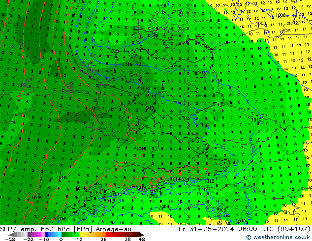 SLP/Temp. 850 гПа Arpege-eu пт 31.05.2024 06 UTC