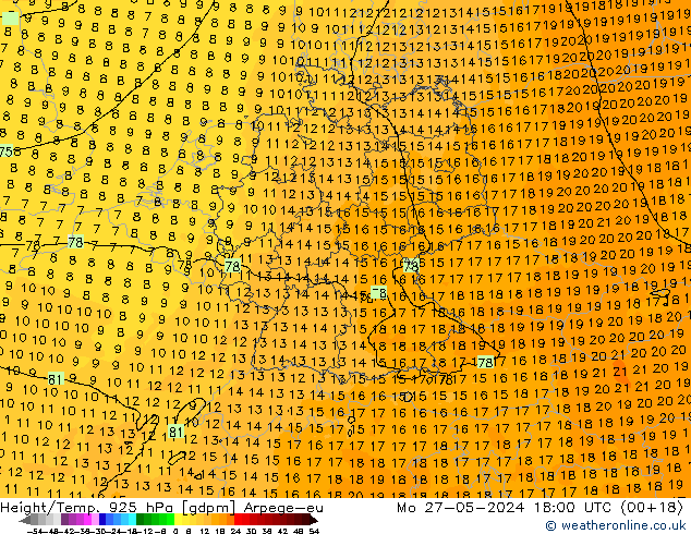 Yükseklik/Sıc. 925 hPa Arpege-eu Pzt 27.05.2024 18 UTC