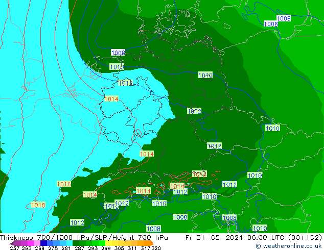 Thck 700-1000 hPa Arpege-eu Sex 31.05.2024 06 UTC