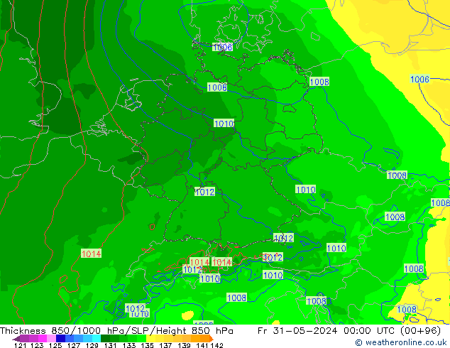 Dikte 850-1000 hPa Arpege-eu vr 31.05.2024 00 UTC