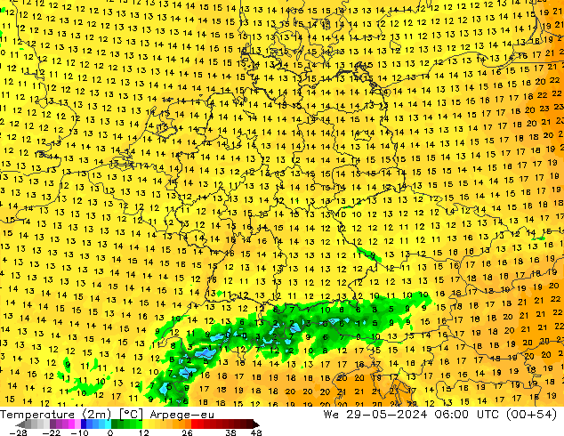 Temperatura (2m) Arpege-eu mié 29.05.2024 06 UTC