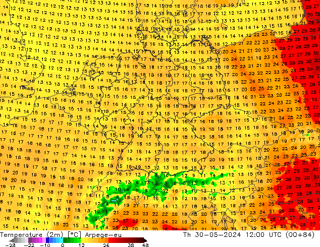 mapa temperatury (2m) Arpege-eu czw. 30.05.2024 12 UTC