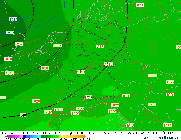 Espesor 500-1000 hPa Arpege-eu lun 27.05.2024 03 UTC