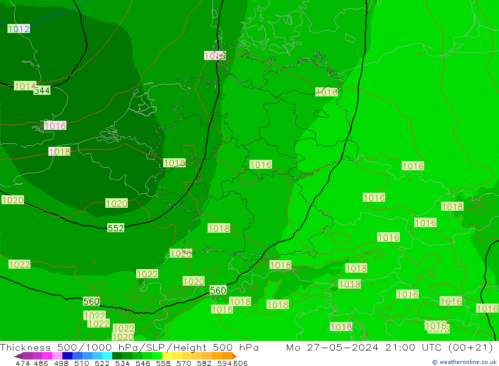 Schichtdicke 500-1000 hPa Arpege-eu Mo 27.05.2024 21 UTC