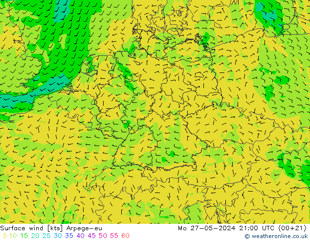 Viento 10 m Arpege-eu lun 27.05.2024 21 UTC