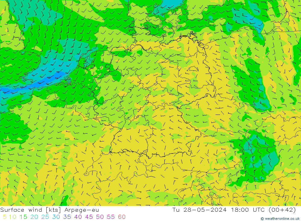 Surface wind Arpege-eu Tu 28.05.2024 18 UTC