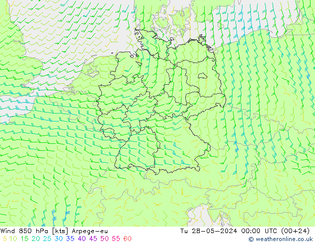 ветер 850 гПа Arpege-eu вт 28.05.2024 00 UTC