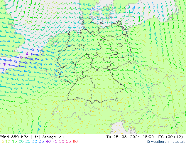 ветер 850 гПа Arpege-eu вт 28.05.2024 18 UTC