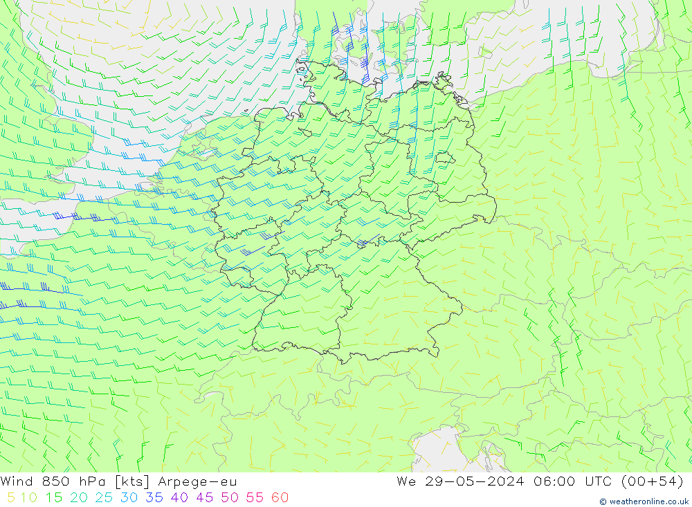 Wind 850 hPa Arpege-eu We 29.05.2024 06 UTC