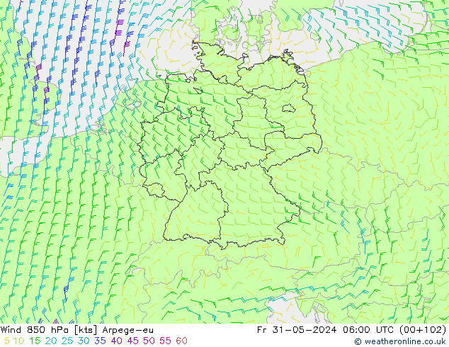 Vento 850 hPa Arpege-eu Sex 31.05.2024 06 UTC