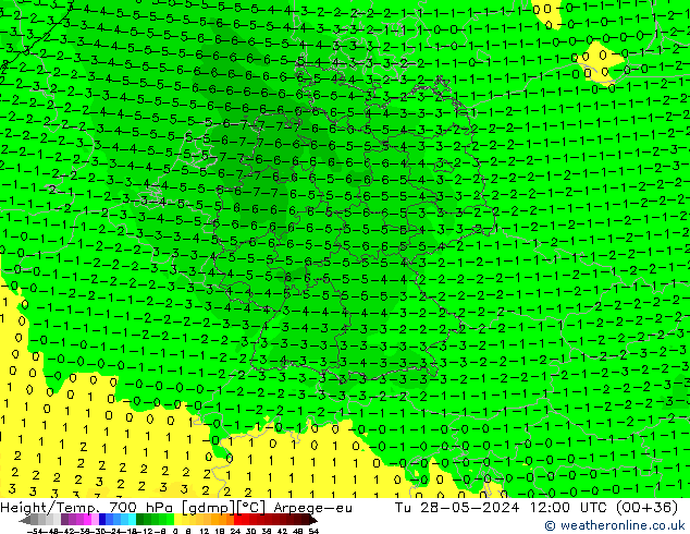 Height/Temp. 700 hPa Arpege-eu Út 28.05.2024 12 UTC